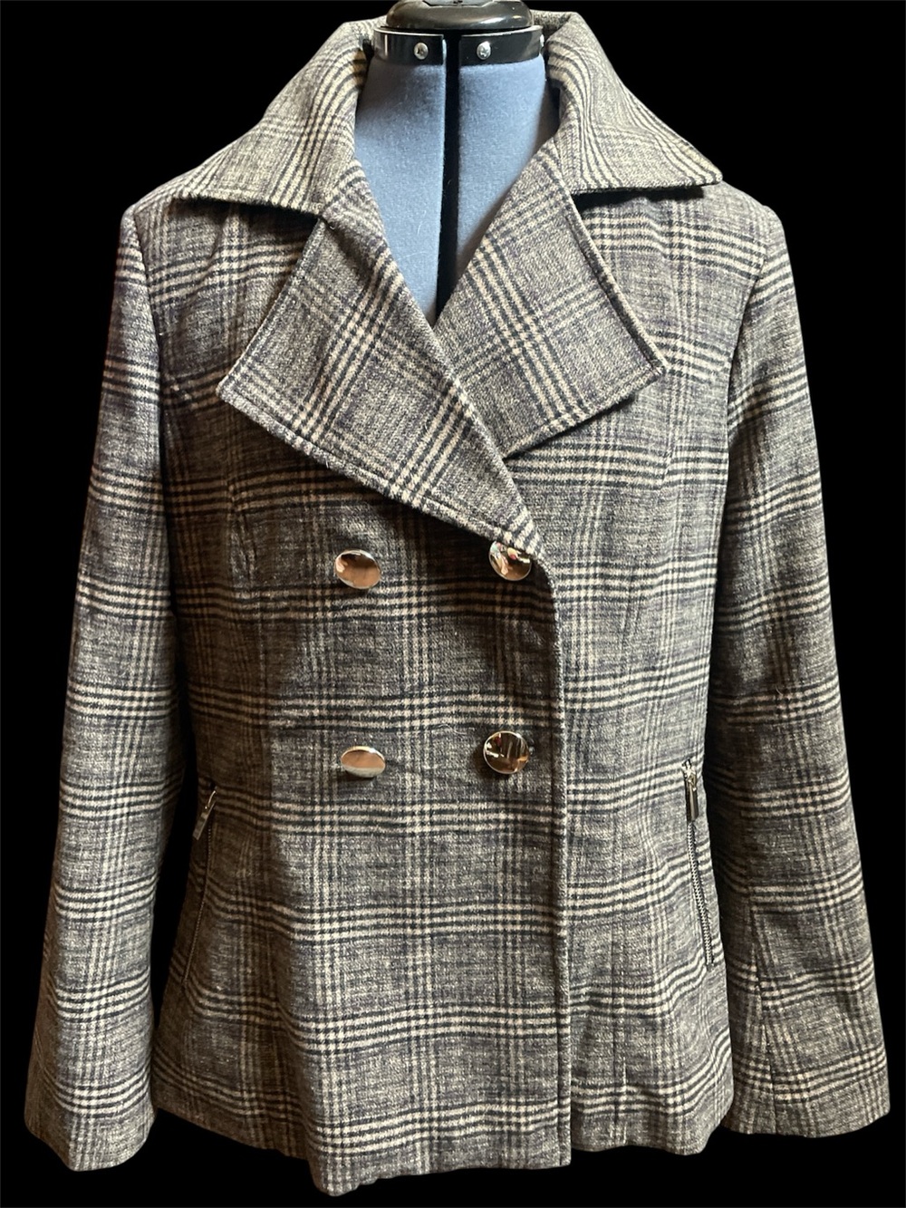 Maralyn & Me Gray Plaid Double-Breasted Peacoat
